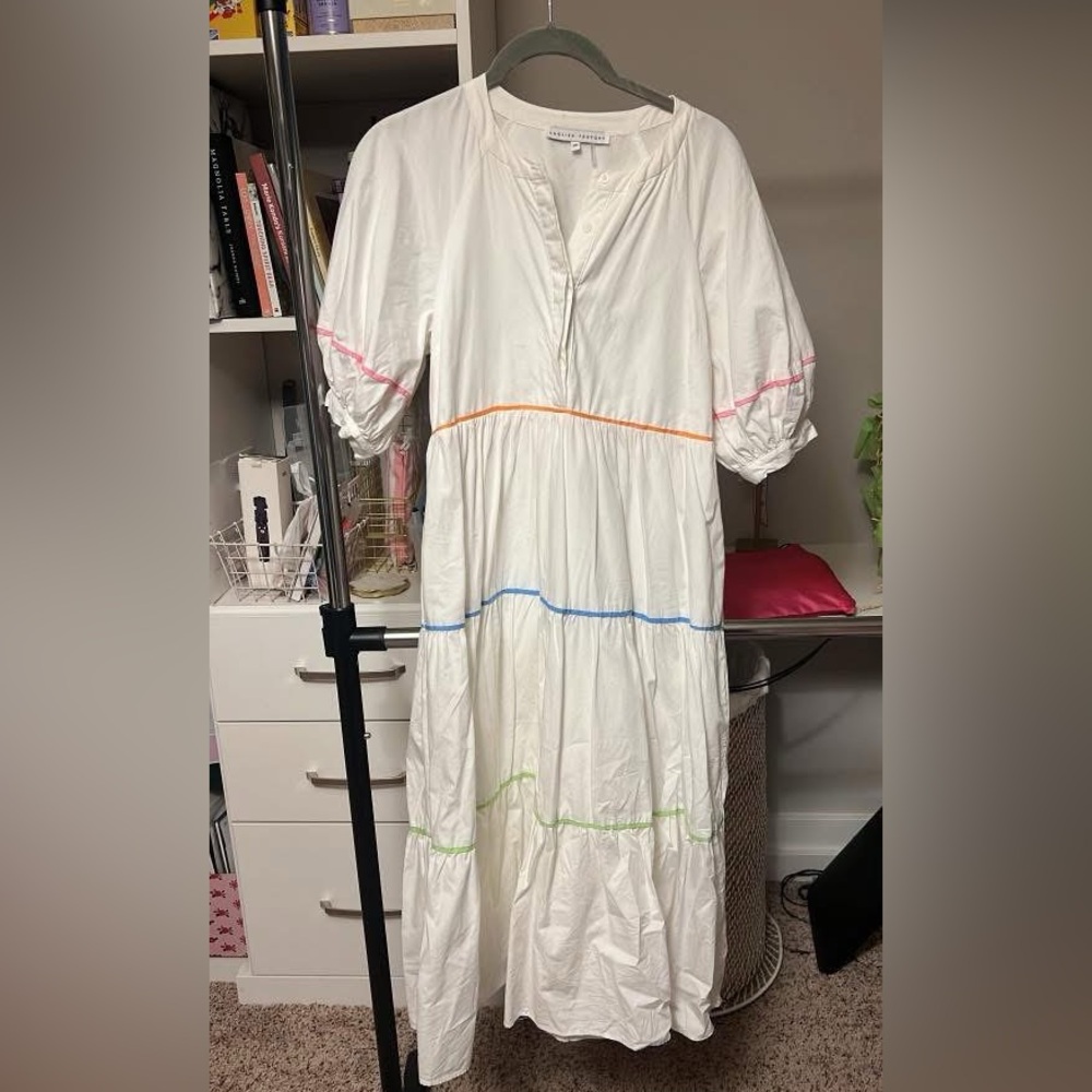 English Factory White and Orange Ruffled Tiered Sundress